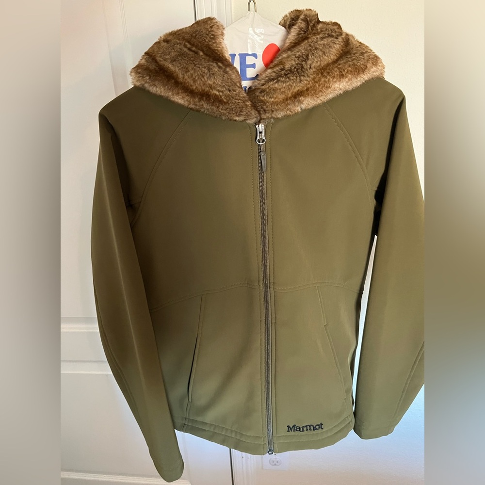 Marmot Olive Green Jacket with Faux Fur Hood